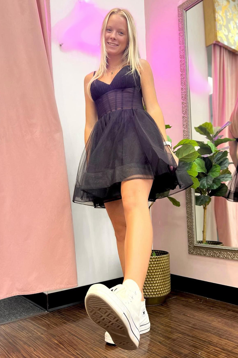 Dressystars Black Homecoming Dress Corset A-Line Short Tulle Prom Dress