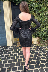 Dressystars Black Homecoming Dress Corset Long Sleeves Tight Short Hoco Dress with Feathers