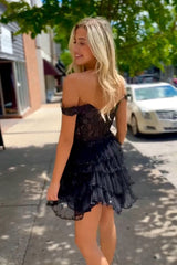Dressystars Black Homecoming Dress Corset Ruffled Short Prom Dress With Lace