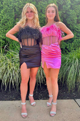 Dressystars Black Homecoming Dress Corset Satin Tight Short Prom Dress with Feathers