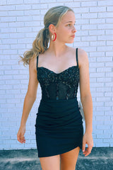 Dressystars Black Homecoming Dress Corset Satin Tight Short Prom Dress with Sequin