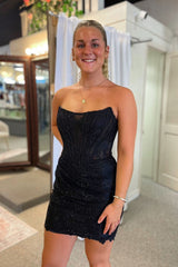 Dressystars Black Homecoming Dress Corset Strapless Tight Short Prom Dress