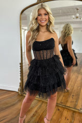 Dressystars Black Homecoming Dress Corset Tiered A-Line Tulle Short Prom Dress