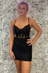 Dressystars Black Homecoming Dress Corset Tight Short Prom Dress With Appliques
