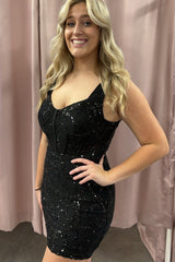 Dressystars Black Homecoming Dress Corset Tight Short Sequin Prom Dress
