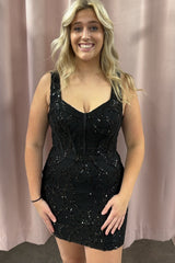Dressystars Black Homecoming Dress Corset Tight Short Sequin Prom Dress