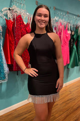 Dressystars Black Homecoming Dress Halter Open Back Tight Short Prom Dress with Fringes