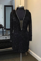 Dressystars Black Homecoming Dress Long Sleeves Sequin Tight Beaded Short Prom Dress with Feathers
