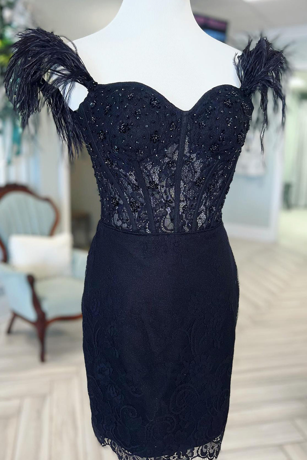 Dressystars Black Homecoming Dress Off The Shoulder Corset Tight Short Prom Dress with Feathers