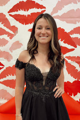 Dressystars Black Homecoming Dress Off the Shoulder A-Line Chiffon Short Prom Dress with Lace