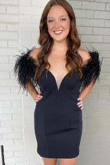 Dressystars Black Homecoming Dress Off the Shoulder Tight Short Prom Dress with Feathers