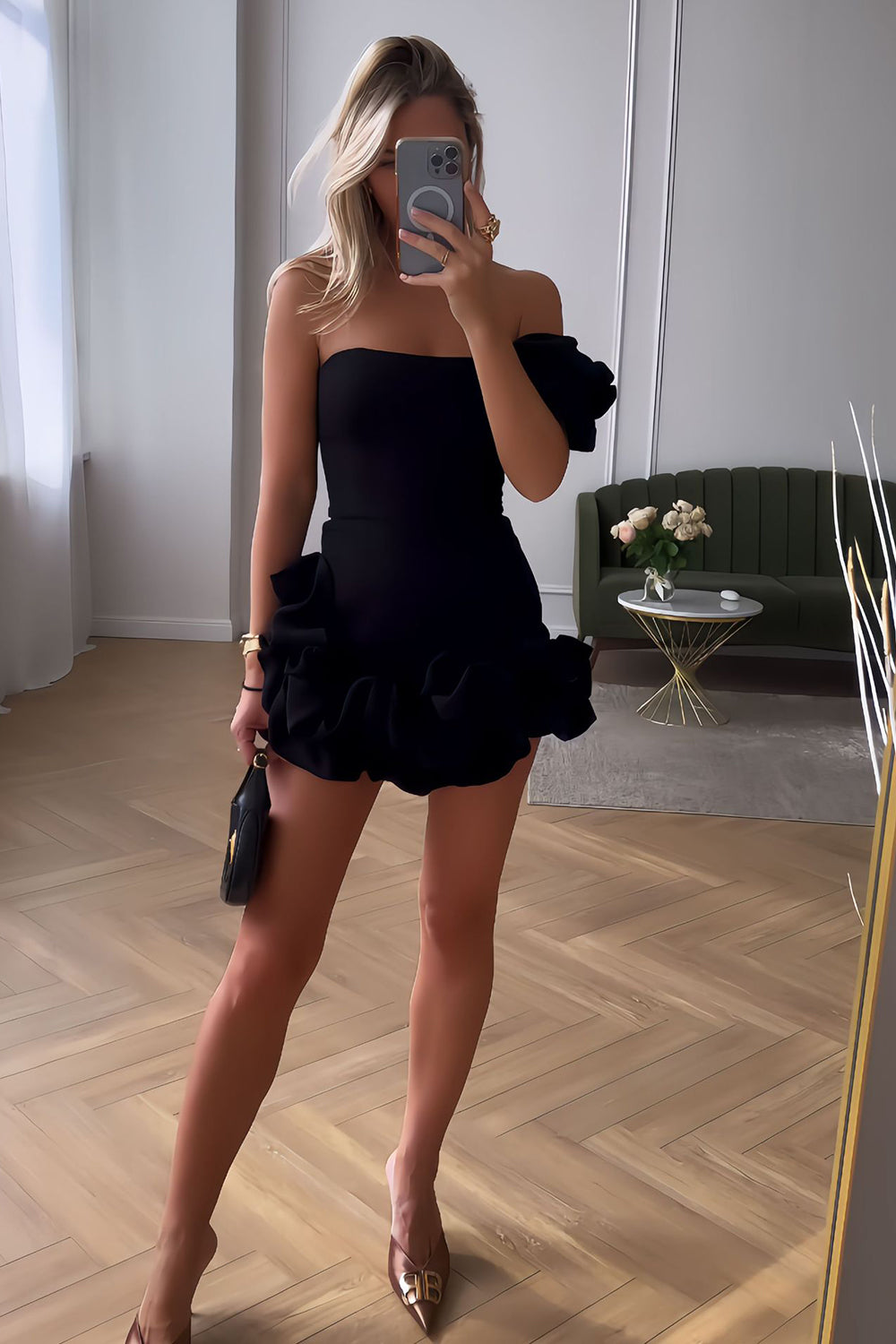 Dressystars Black Homecoming Dress One Shoulder Ruffled Tight Short Prom Dress