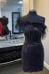 Dressystars Black Homecoming Dress One Shoulder Sequin Short Prom Dress with Feathers