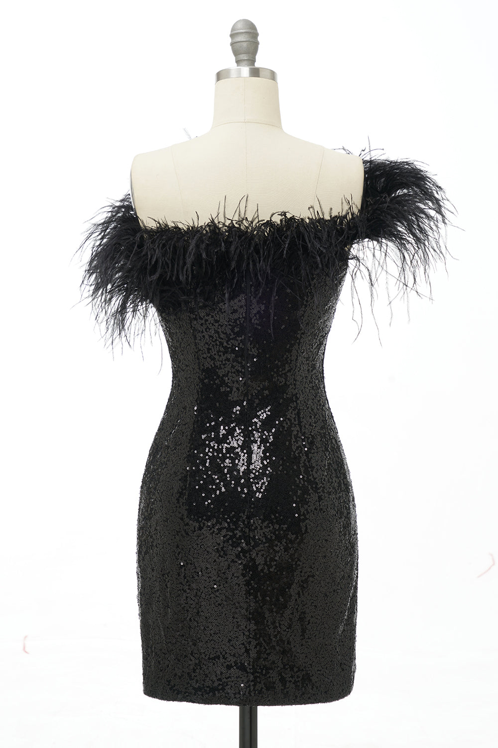 Dressystars Black Homecoming Dress One Shoulder Sequin Short Prom Dress with Feathers