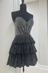 Dressystars Black Homecoming Dress Pink Homecoming Dress A Line Corset Strapless Tiered Short Prom Dress with Beadings
