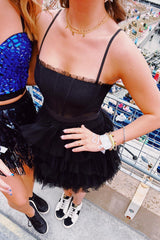 Dressystars Black Homecoming Dress Ruffled Corset Short Prom Dress