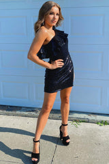 Dressystars Black Homecoming Dress Sequin One Shoulder Prom Dress