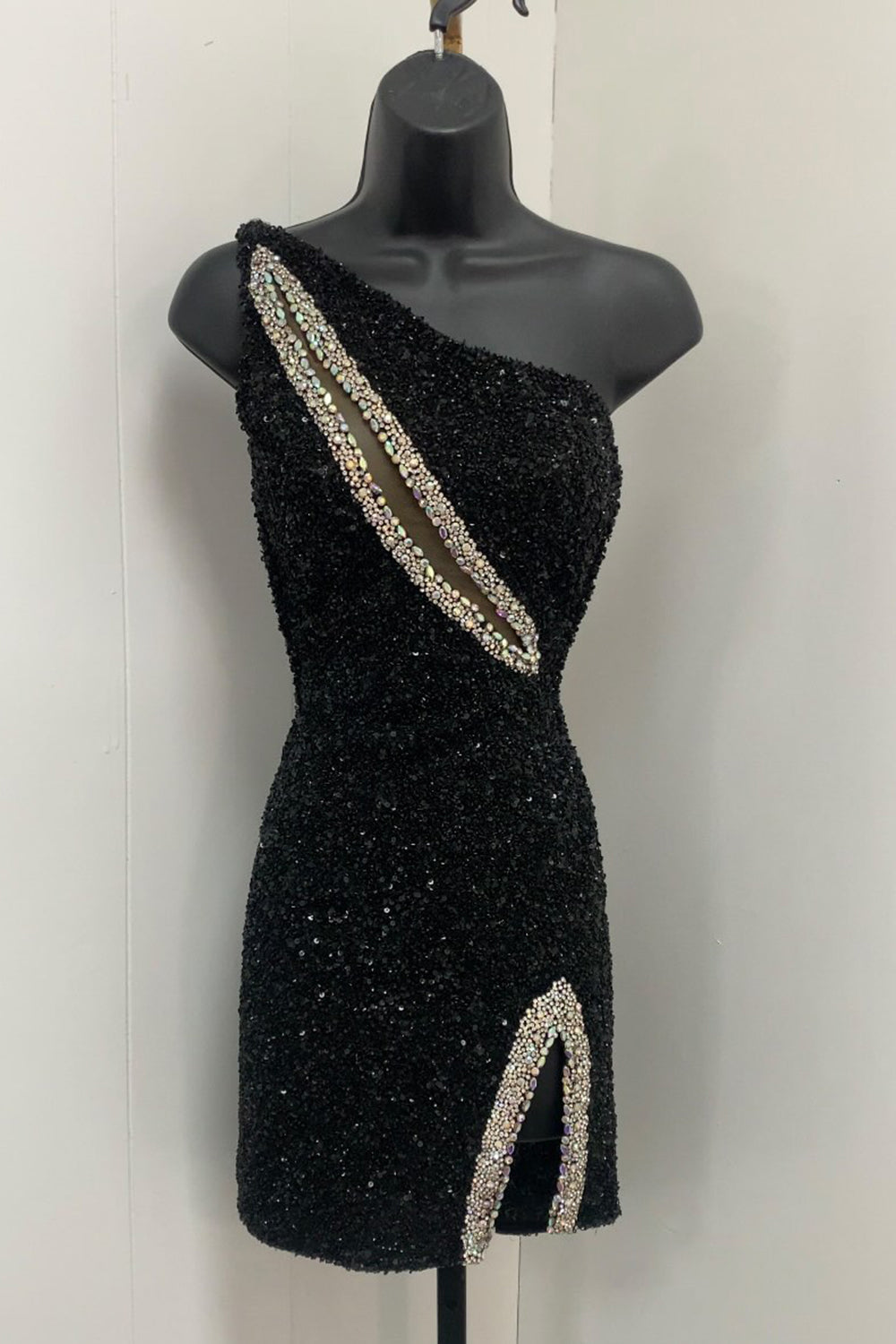 Dressystars Black Homecoming Dress Sequin One Shoulder Tight Short Prom Dress