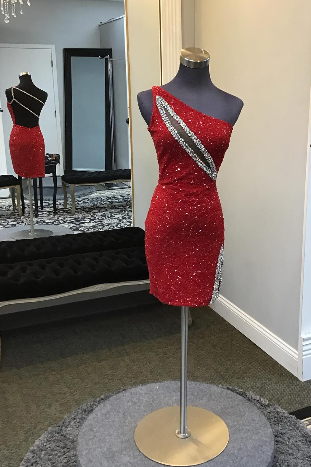 Dressystars Black Homecoming Dress Sequin One Shoulder Tight Short Prom Dress