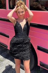 Dressystars Black Homecoming Dress Sequin Tight Prom Dress with Feathers