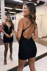 Dressystars Black Homecoming Dress Sequin Tight Short Prom Dress With Appliques