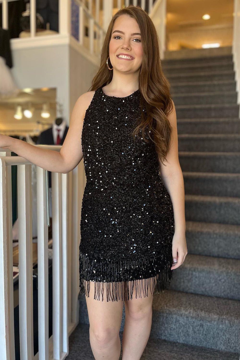 Dressystars Black Homecoming Dress Sequined Tight Short Prom Dress with Fringes
