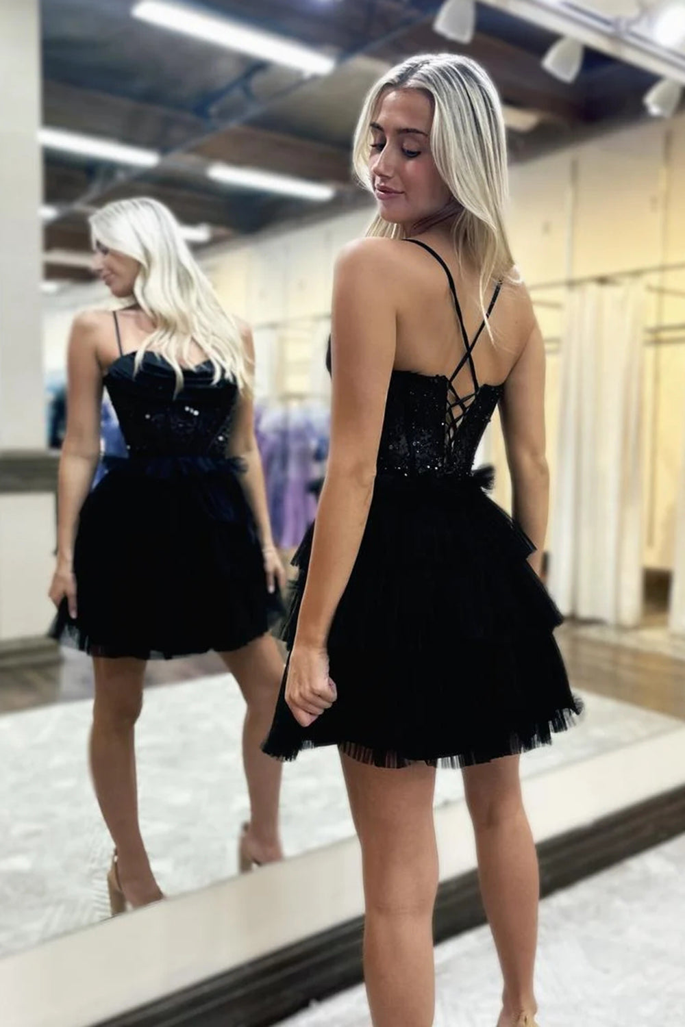 Dressystars Black Homecoming Dress Spaghetti Straps Corset Short Prom Dress