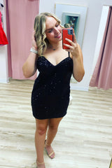 Dressystars Black Homecoming Dress Spaghetti Straps Fringed Tight Short Prom Dress
