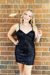 Dressystars Black Homecoming Dress Spaghetti Straps Fringed Tight Short Prom Dress