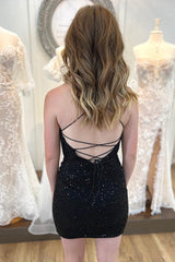 Dressystars Black Homecoming Dress Spaghetti Straps Sequin Backless Tight Prom Dress