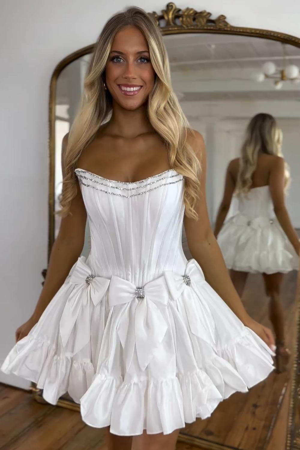 Dressystars Black Homecoming Dress Strapless Corset Short Prom Dress With Bow