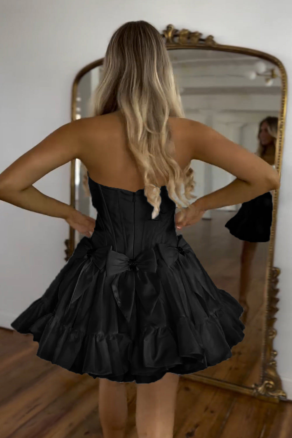 Dressystars Black Homecoming Dress Strapless Corset Short Prom Dress With Bow