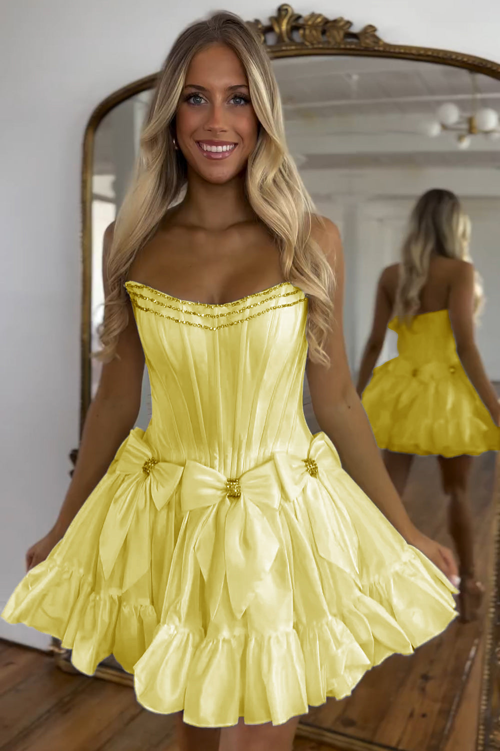 Dressystars Black Homecoming Dress Strapless Corset Short Prom Dress With Bow