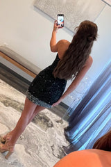 Dressystars Black Homecoming Dress Strapless Corset Short Prom Dress with Beadings