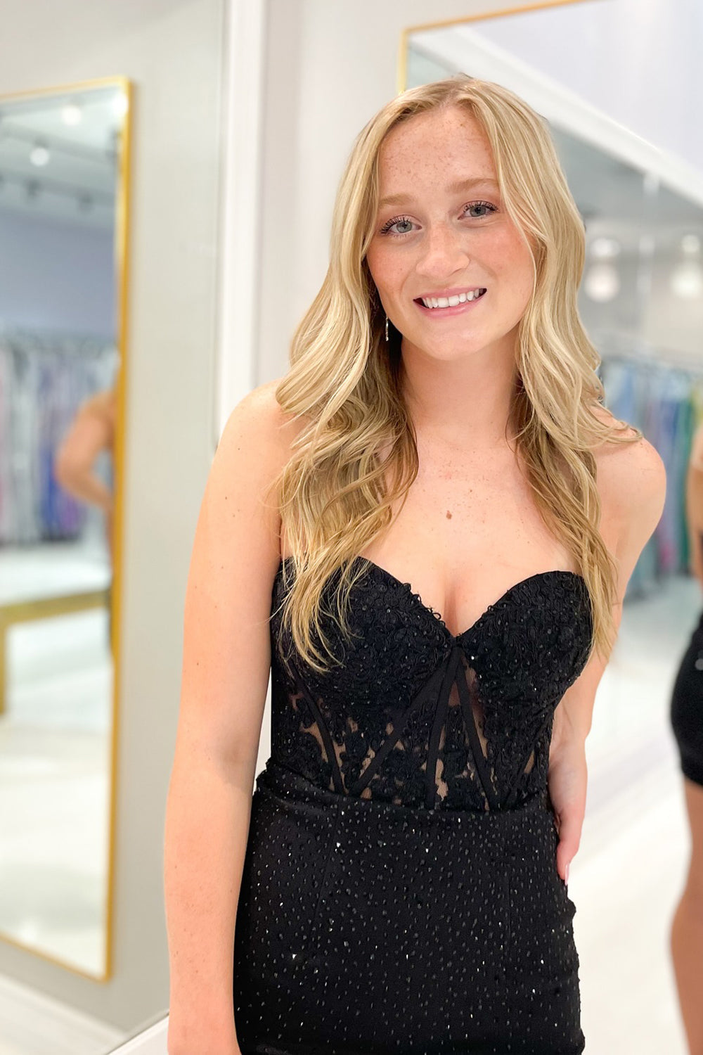 Dressystars Black Homecoming Dress Strapless Corset Tight Prom Dress with Sequin