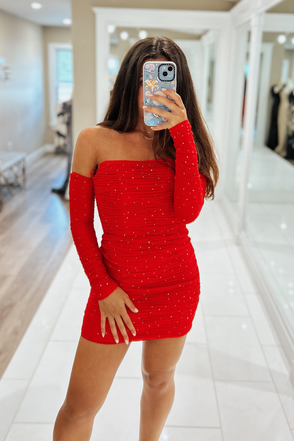 Dressystars Black Homecoming Dress Strapless Tight Short Prom Dress with Long Sleeves