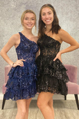 Dressystars Black Homecoming Dress Tiered Lace One Shoulder Short Prom Dress