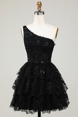 Dressystars Black Homecoming Dress Tiered Lace One Shoulder Short Prom Dress