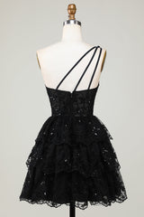 Dressystars Black Homecoming Dress Tiered Lace One Shoulder Short Prom Dress