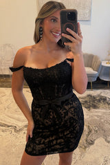 Dressystars Black Lace Off The Shoulder Homecoming Dresses Short Corset Cocktail Dresses With Bow