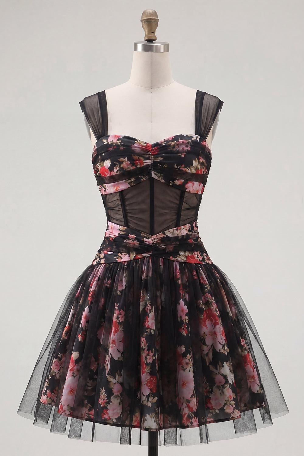 Dressystars Black & Pink Floral Ruched Corset A-Line Short Homecoming Dress