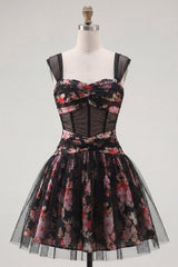 Dressystars Black & Pink Floral Ruched Corset A-Line Short Homecoming Dress