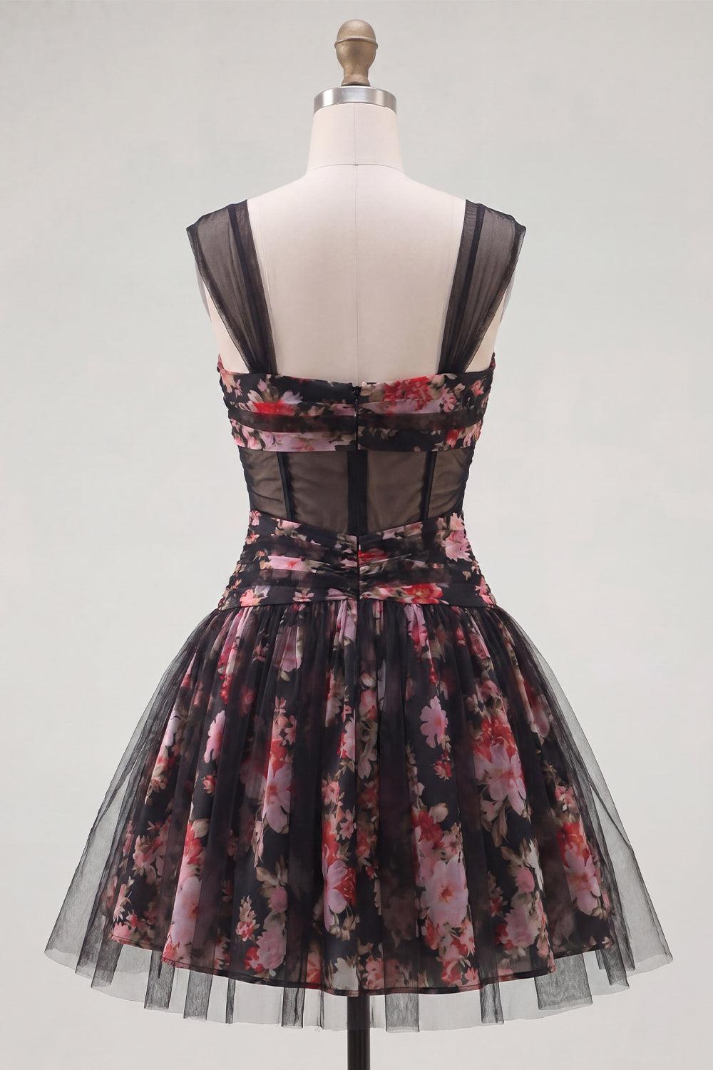 Dressystars Black & Pink Floral Ruched Corset A-Line Short Homecoming Dress