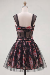 Dressystars Black & Pink Floral Ruched Corset A-Line Short Homecoming Dress