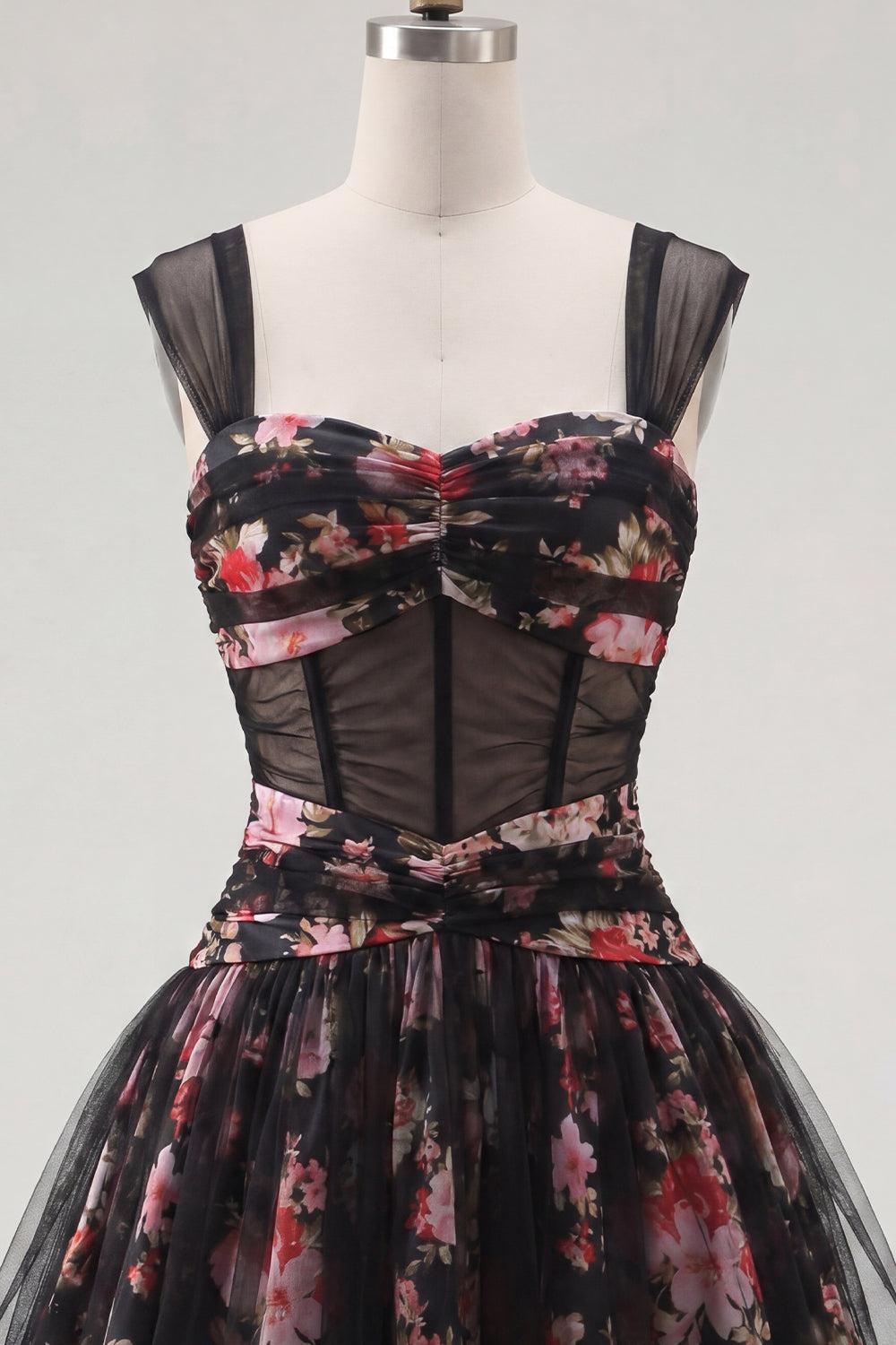Dressystars Black & Pink Floral Ruched Corset A-Line Short Homecoming Dress