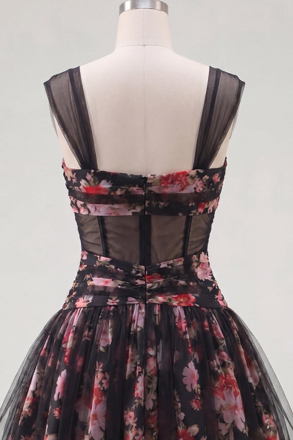 Dressystars Black & Pink Floral Ruched Corset A-Line Short Homecoming Dress