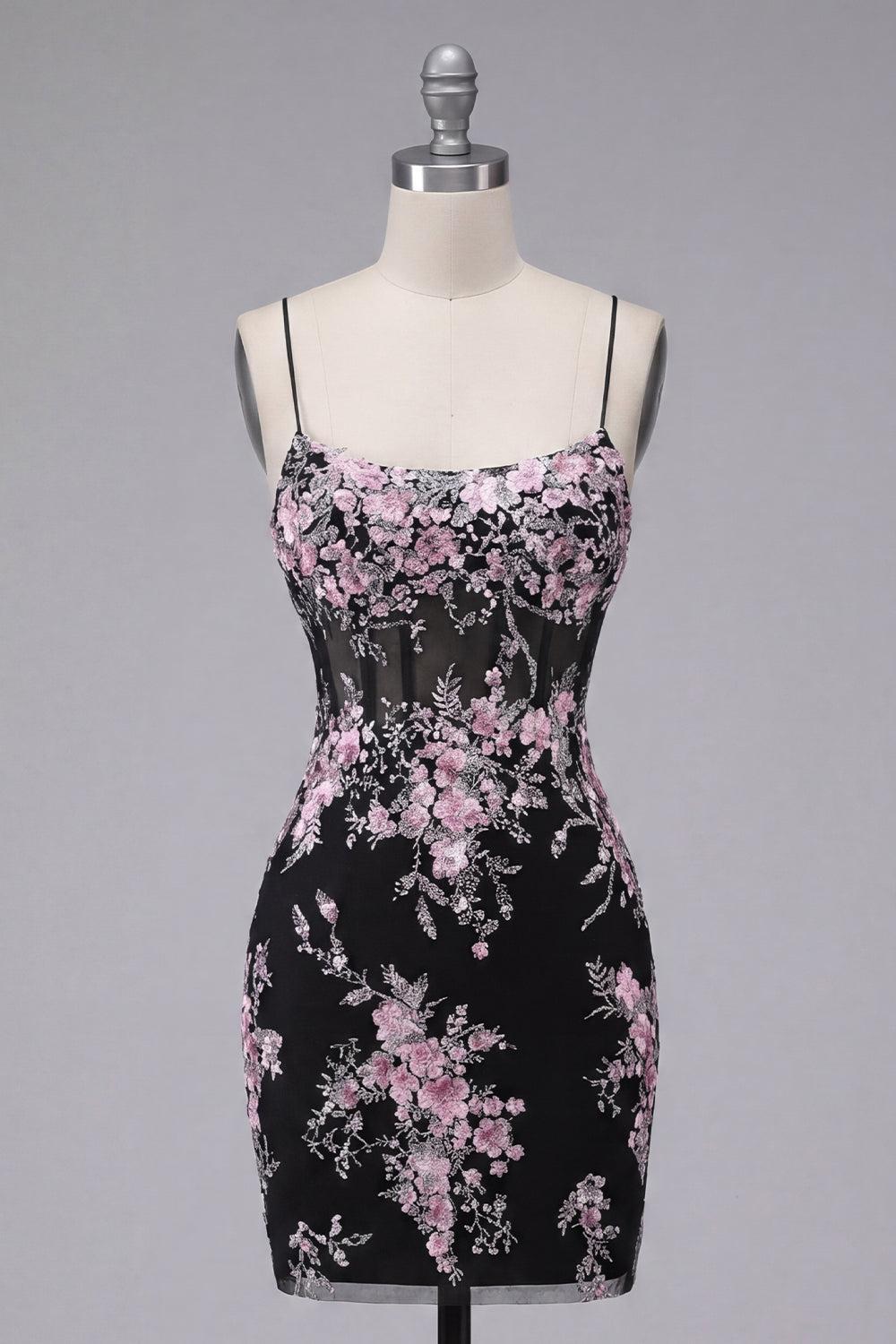 Dressystars Black & Pink Floral Spaghetti Straps Corset Tight Short Homecoming Dress