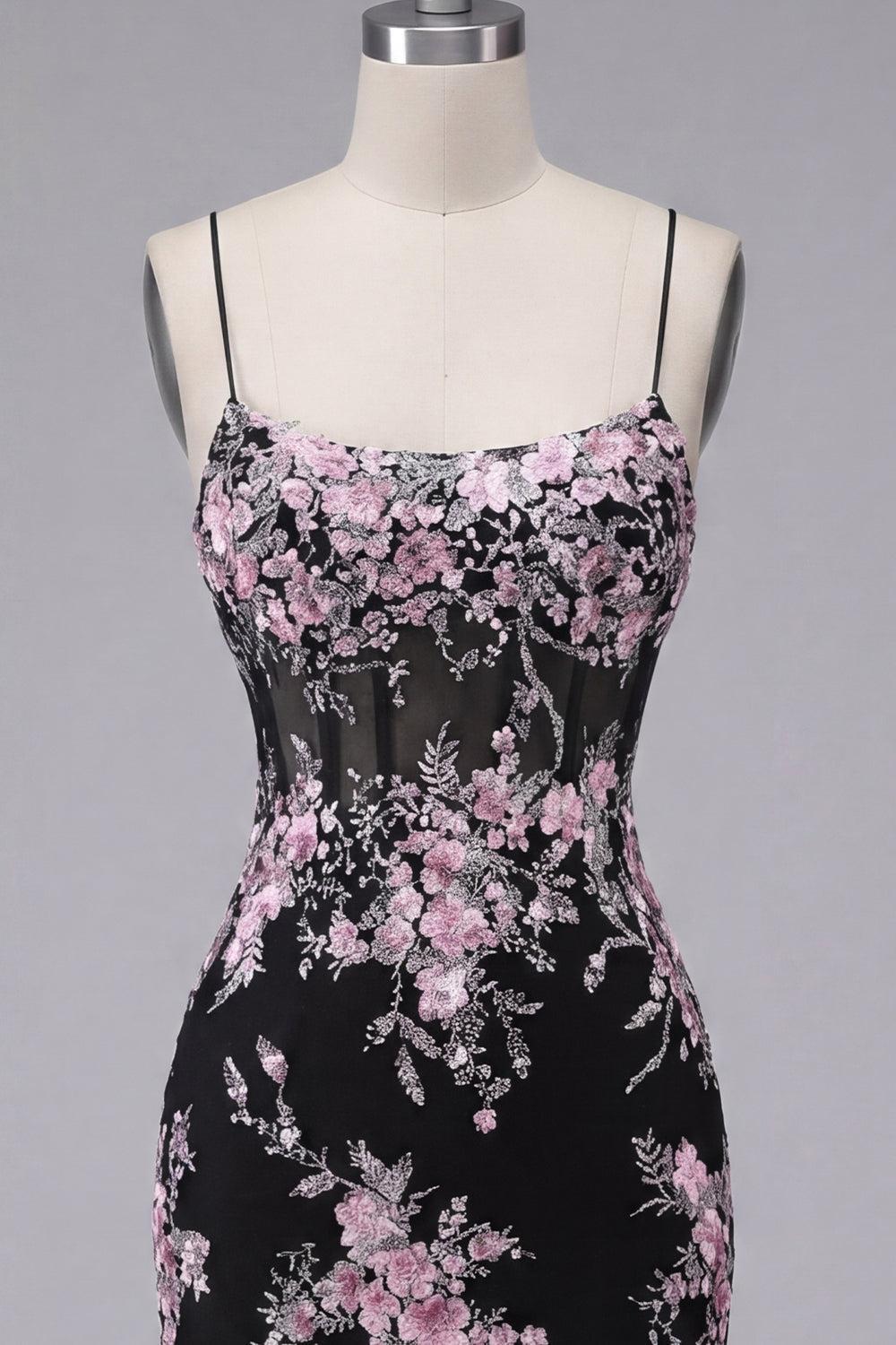 Dressystars Black & Pink Floral Spaghetti Straps Corset Tight Short Homecoming Dress