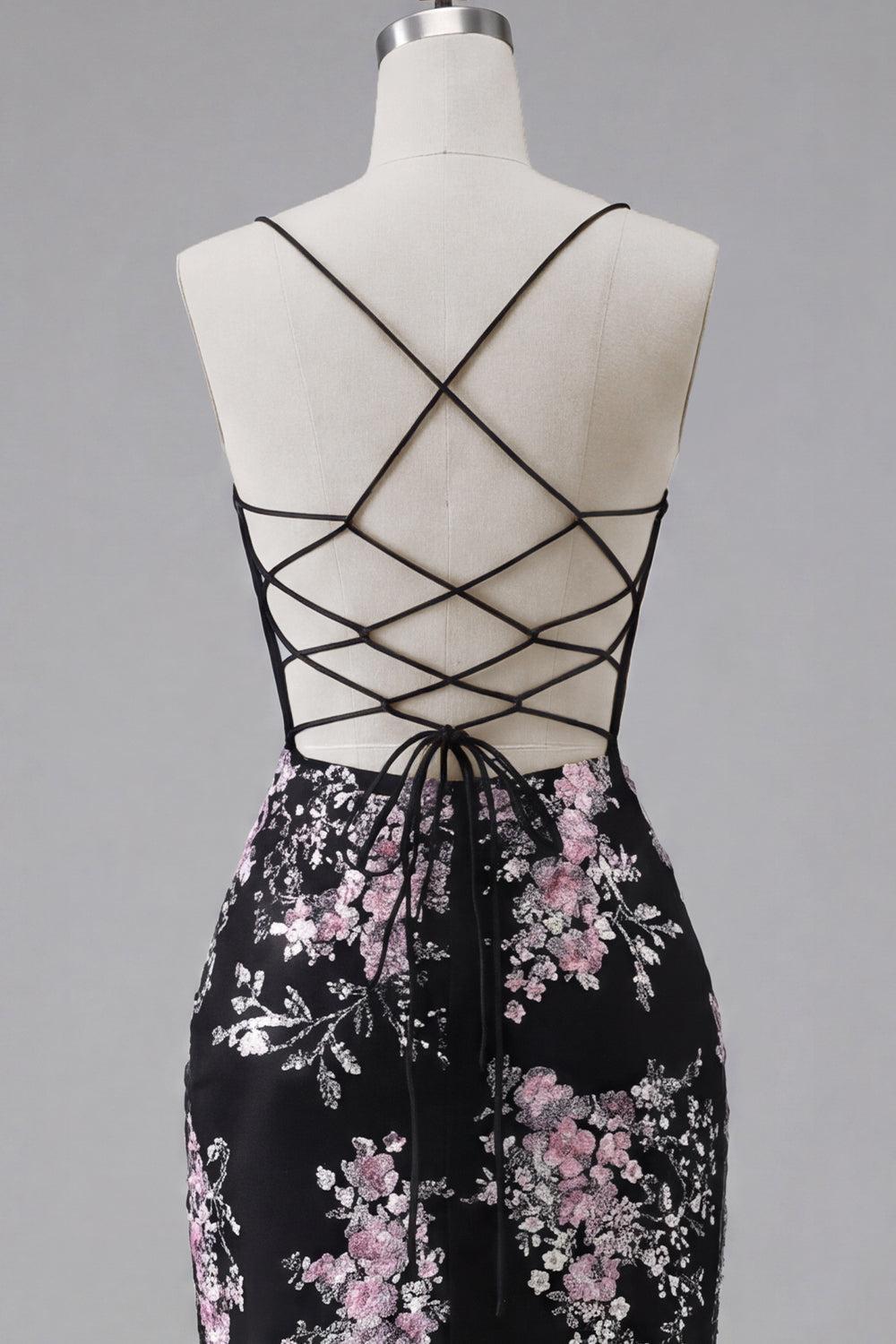 Dressystars Black & Pink Floral Spaghetti Straps Corset Tight Short Homecoming Dress