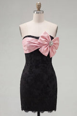 Dressystars Black & Pink Floral Strapless Beaded Corset Tight Short Homecoming Dress with Bow